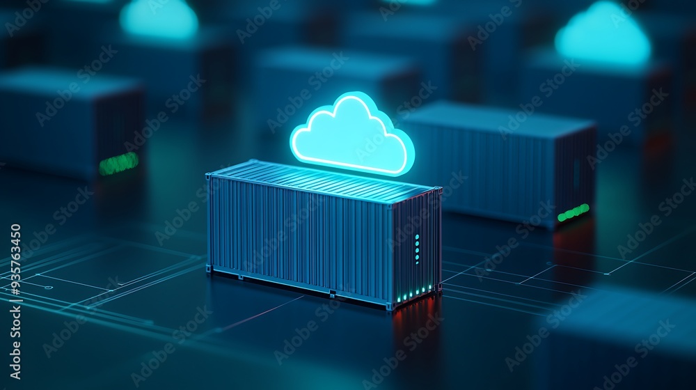 Poster cloud computing concept with digital futuristic server containers and glowing cloud icon representin