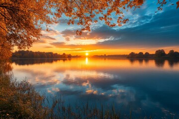 Fototapeta premium The peaceful sunset casts golden hues over the calm lake with reflections of autumn foliage, portraying an idyllic and tranquil autumn evening in nature’s embrace.