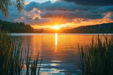 Obraz premium A magnificent golden sunset over a lake with water plants casting shadows on the water, reflecting beautiful orange hues, surrounded by trees and dramatic sky.