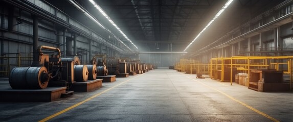 Industrial Warehouse with Large Spools and Yellow Lines