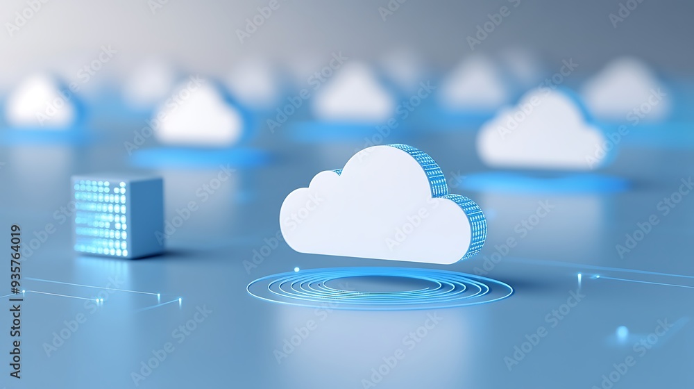 Poster cloud computing concept with shining blue light, showcasing data storage and futuristic technology i