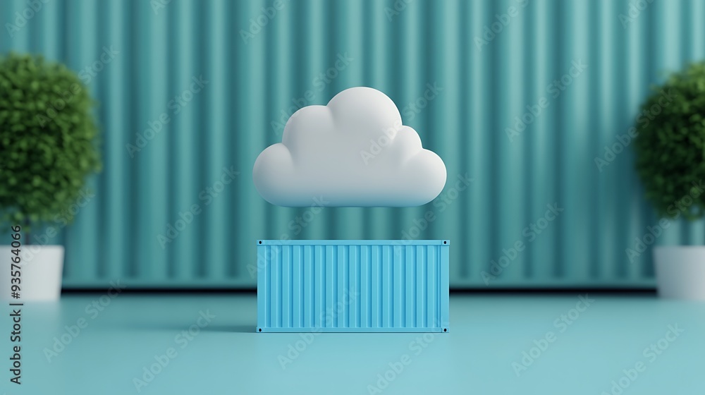 Poster cloud computing concept with white cloud above blue container, symbolizing modern data storage and t
