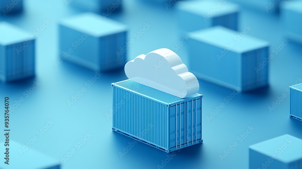 Poster cloud computing container concept. blue containers on blue background with cloud icon representing d