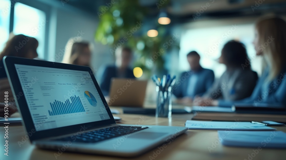 Poster the image shows a conference room setting with a group of businesspeople in a meeting. the primary f