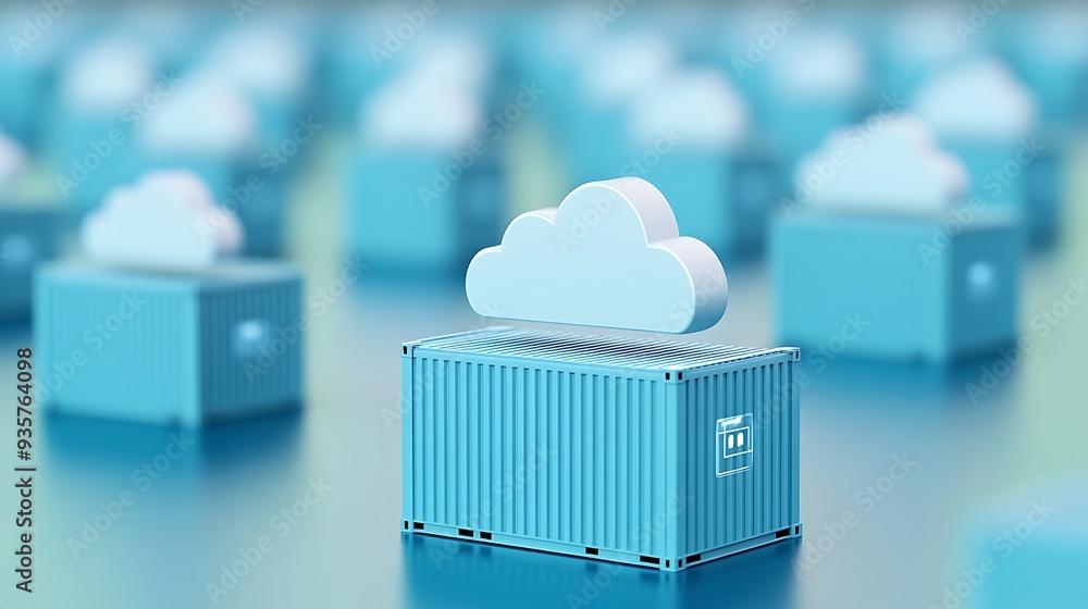 Poster cloud computing container concept with blue shipping containers and digital cloud icons, representin