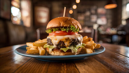 A plate filled with a savory burger and crispy fries, sitting on a table, making for a delightful meal.