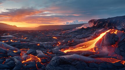 Fototapeta premium A breathtaking image showing an active volcanic landscape with glowing lava flowing towards the horizon, bathed in the warm light of a picturesque sunset.