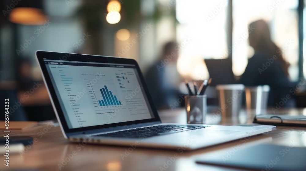 Fototapete A laptop featuring a bar chart is placed on a desk within a busy and dynamic office setting, with employees working collaboratively in the background.