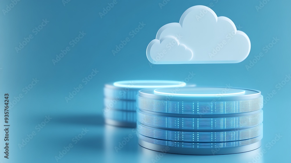 Poster cloud computing data storage concept with digital coin stacks and cloud icon on a blue background.