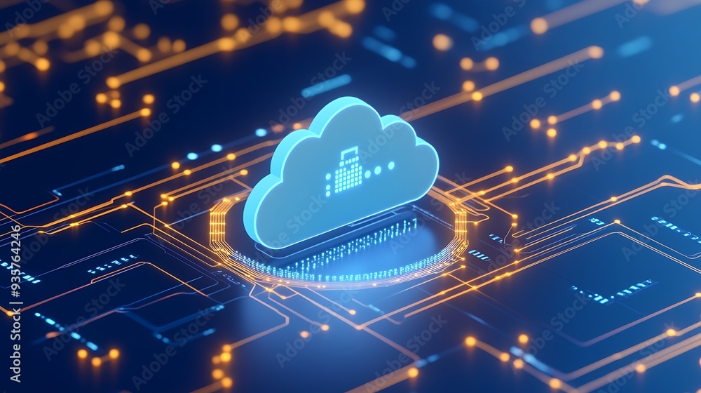 Poster cloud computing digital concept with cybersecurity technology, illustration of cloud network infrast