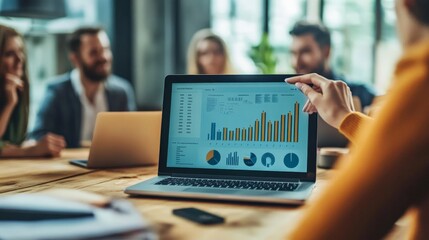 A team member points at charts displayed on a laptop during an ongoing meeting in an office environment, emphasizing collaborative efforts and analytical work.