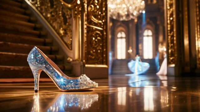 Cinderella's Lost Shiny Slipper at the Bottom of the Stairs: Enchanting Fairytale Moment in a Magical Setting