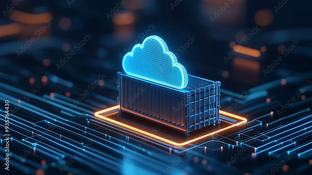 Poster cloud computing technology concept, featuring illuminated cloud and container on a futuristic digita