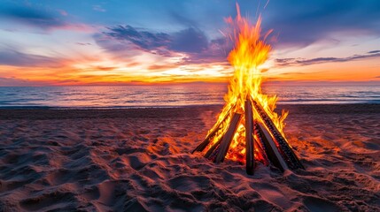 A towering bonfire situated on the beach as the sun sets, with the sky illuminated by the vibrant colors of dusk and the waves gently hitting the shoreline nearby.