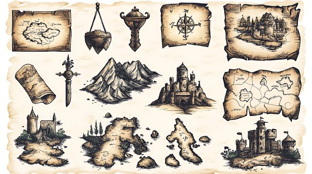 Hand-drawn vintage adventure map with a castle, compass, and treasure, illustrating a journey filled with excitement, mystery, and discovery.