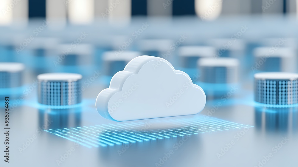 Poster cloud computing technology concept with a white cloud icon and servers in the background representin