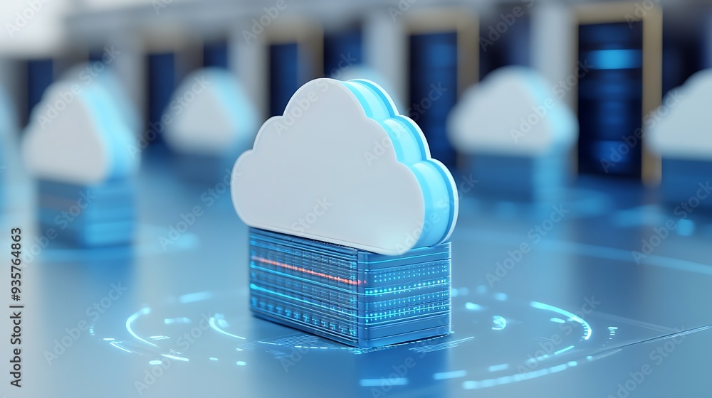 Poster cloud computing technology concept with cloud storage and server rack in data center. secure storage