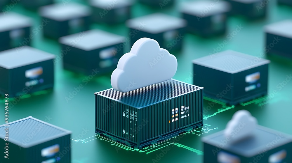 Poster cloud computing technology concept with cloud icons on container infrastructure, representing futuri