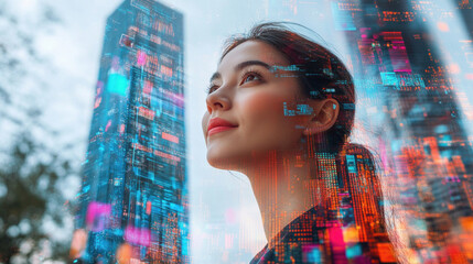 Businesswoman looking up with cityscape and digital data overlay