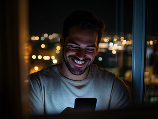 man smiling at his phone screen, surrounded by city lights outside his apartment window, late-night text chat with a romantic partner