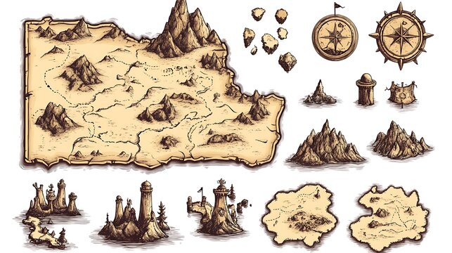 Vintage hand-drawn pirate treasure map illustration with a compass and islands, capturing the thrill of pirate lore and the search for hidden riches.