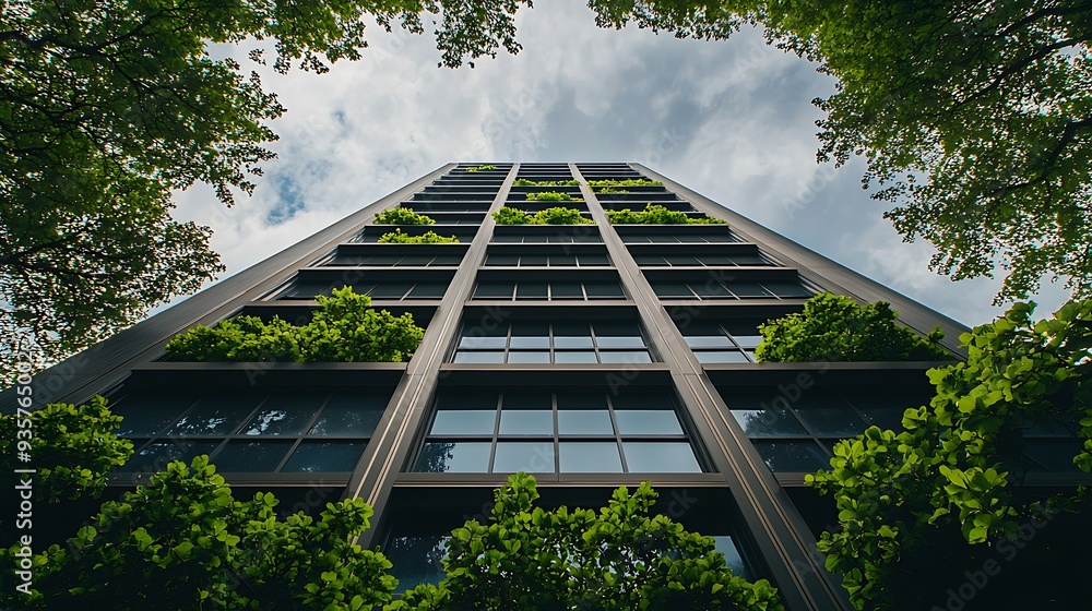 Poster modern skyscraper with a green roof and trees, representing sustainable urban development and the in