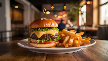 A well-served plate containing a burger and fries, placed on a table, showcasing a hearty meal.