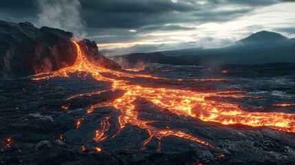 A breathtaking scene of molten lava cascading down a rocky terrain, highlighting nature's raw power and beauty under a dramatic, cloudy sky.