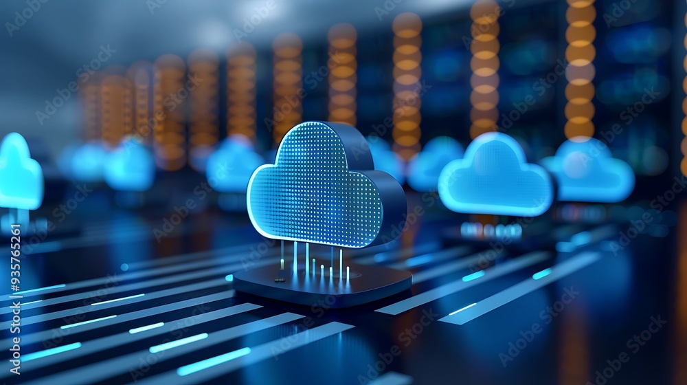 Poster cloud computing technology concept with server room background, highlighting the futuristic digital 