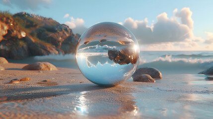 A high-definition capture of a smooth pebble on a beach with a glassy 3D object floating nearby