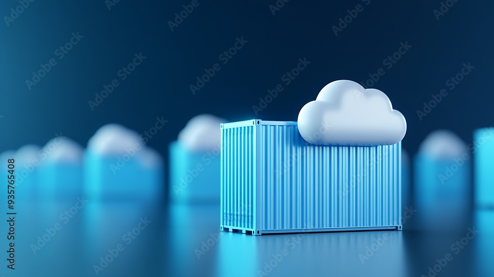 Poster cloud storage concept with blue containers and clouds representing data storage. symbolic image of m