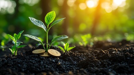 Green plant sprouting from soil with gold coins, symbolizing the growth of wealth and prosperity through environmentally conscious practices.