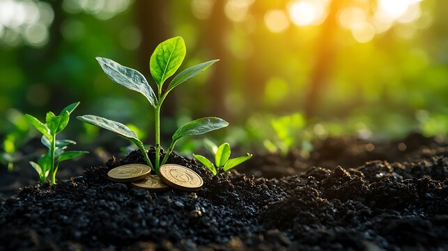 Green plant sprouting from soil with gold coins, symbolizing the growth of wealth and prosperity through environmentally conscious practices.