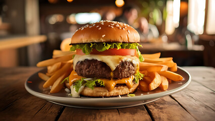 A delicious burger and crispy fries served on a plate, ready to be enjoyed at the dining table.