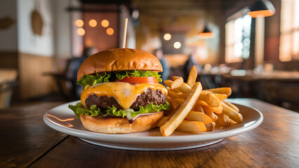 A delicious burger accompanied by crispy fries, presented on a plate atop a dining table.