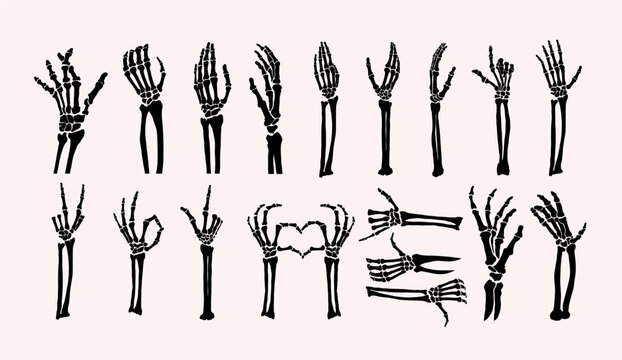 Set for Halloween, skeleton hand gesture icons. Human skeleton hand gestures OK or thumb up, pointing finger, victory V sign, finger bones with peace sign, love. Vector Halloween holiday silhouettes.