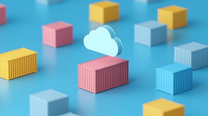 Colorful containers on blue background with cloud icon, representing cloud computing and storage concept.