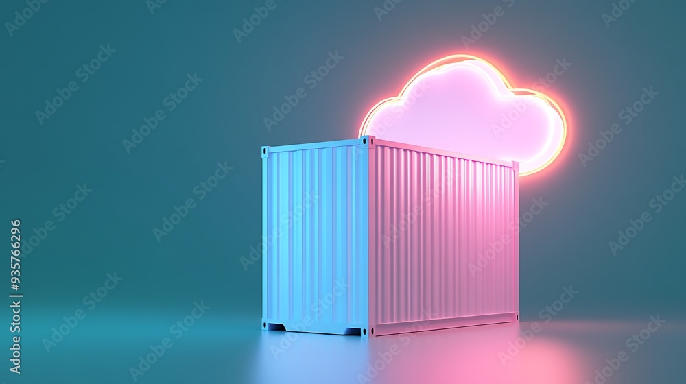 Poster colorful shipping container with neon cloud, symbolizing cloud computing and logistics. modern techn