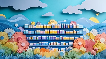 A paper cut illustration of a pharmacy with shelves of medication representing the importance of pharmaceutical care and access to medicine Stock Photo with copy space