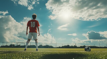 Young soccer player in red jersey stands on a field under a bright sky, preparing to kick a ball at noon