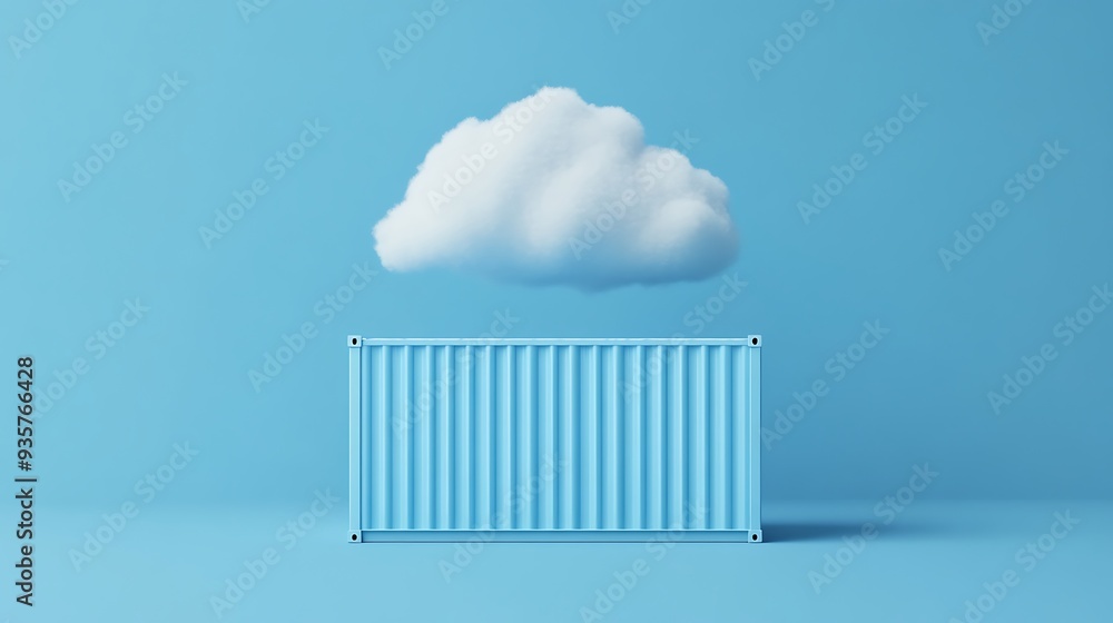 Aufkleber concept of cloud computing with a single cloud hovering over a blue shipping container. sky blue bac