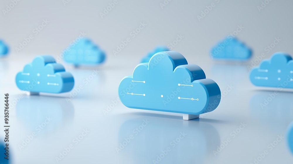 Poster concept of cloud computing with blue cloud icons spread on a surface, representing digital data stor