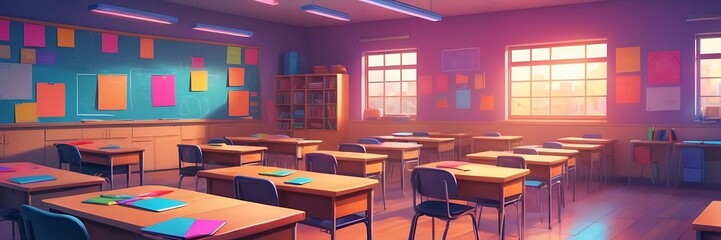 modern concept of a classroom with a green chalkboard and a white brick wall.