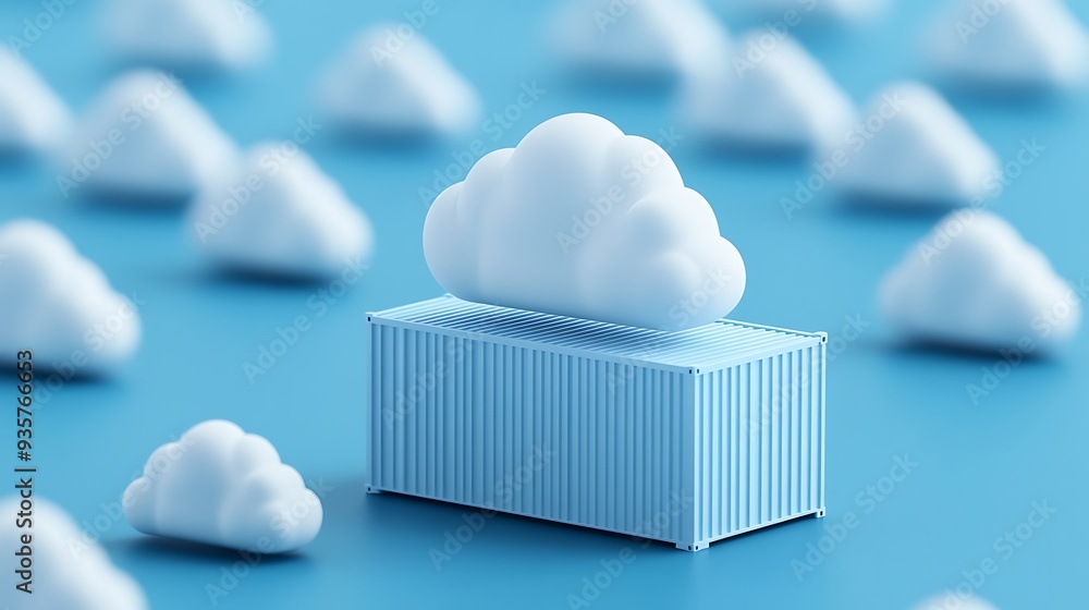 Poster conceptual image of a cloud computing and data storage represented by clouds and a shipping containe
