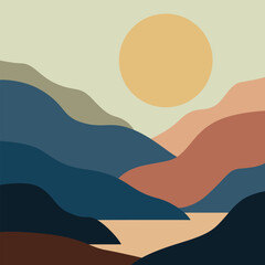 Minimalist, abstract landscape illustration in a contemporary art style, hand-drawn with nature scenery