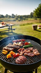 Close-up of a grill with various meats and vegetables cooking over hot coals.