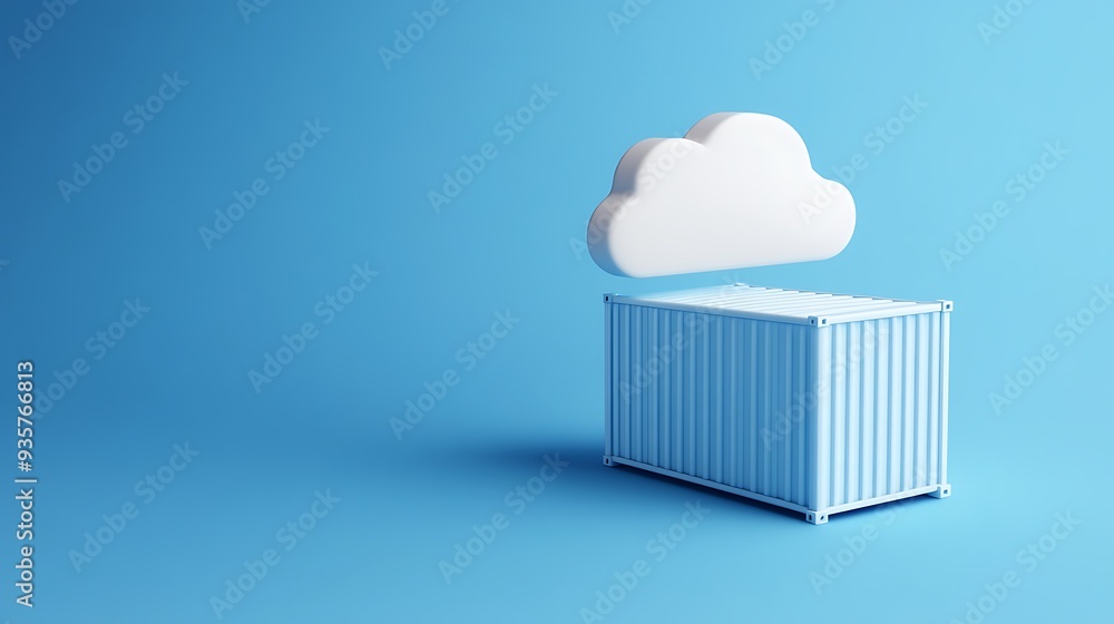 Poster conceptual image of cloud computing and containerization on blue background, illustrating modern tec