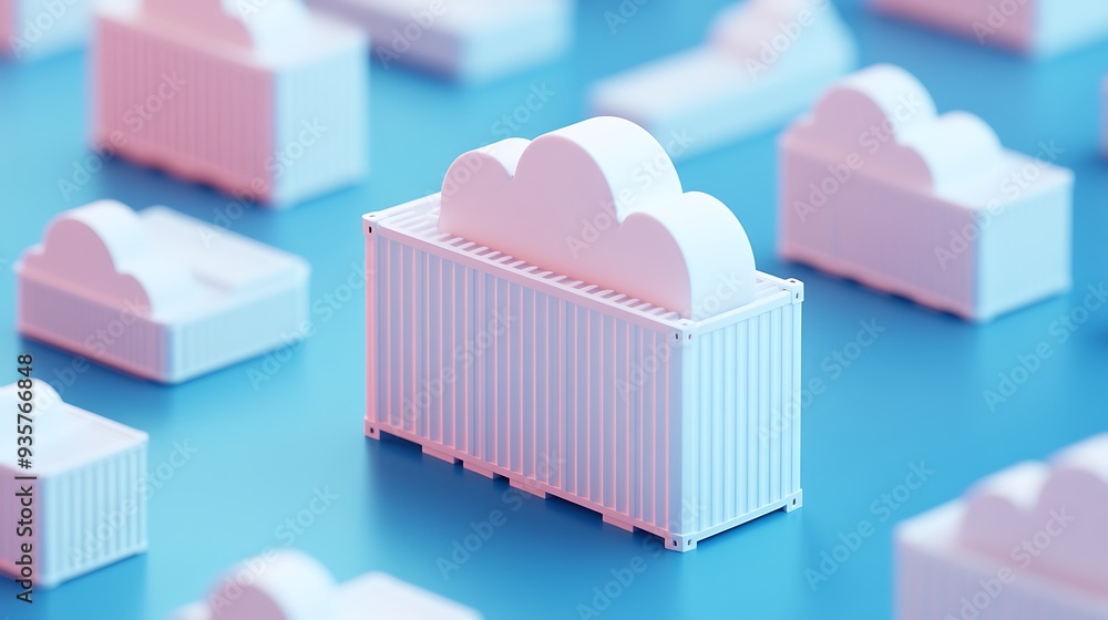 Poster conceptual image of cloud computing represented by cloud symbols on containers. digital technology a