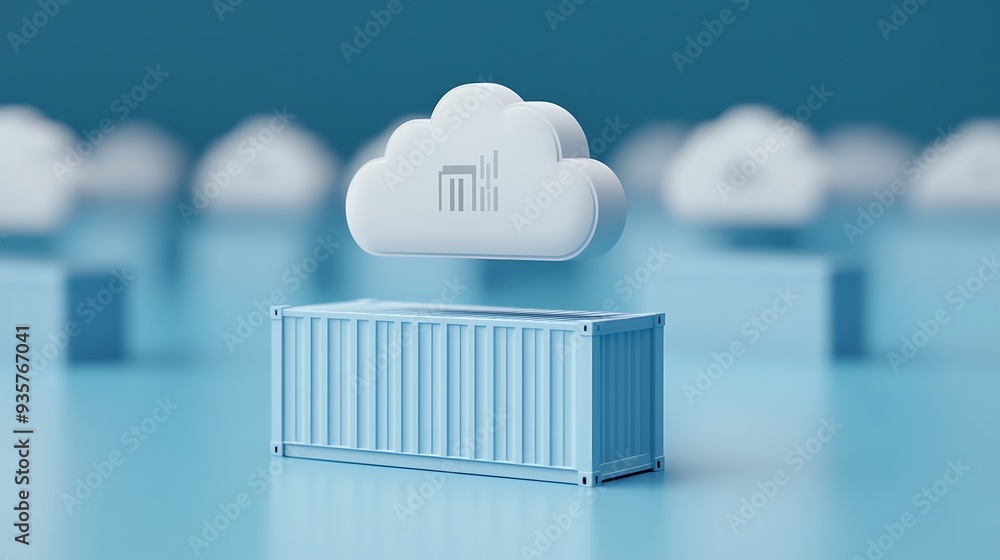 Poster conceptual image of cloud computing with a blue container. symbolizes data storage, digital technolo
