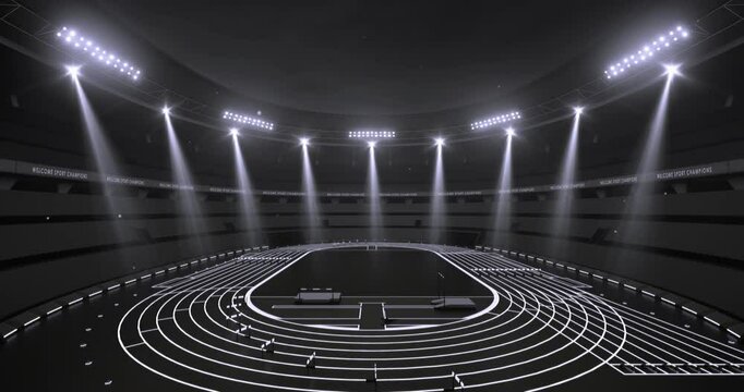 Impressive athletic stadium at night illuminated by light beams. Camera is rotating around sports stadium in endless 4K video loop.	

